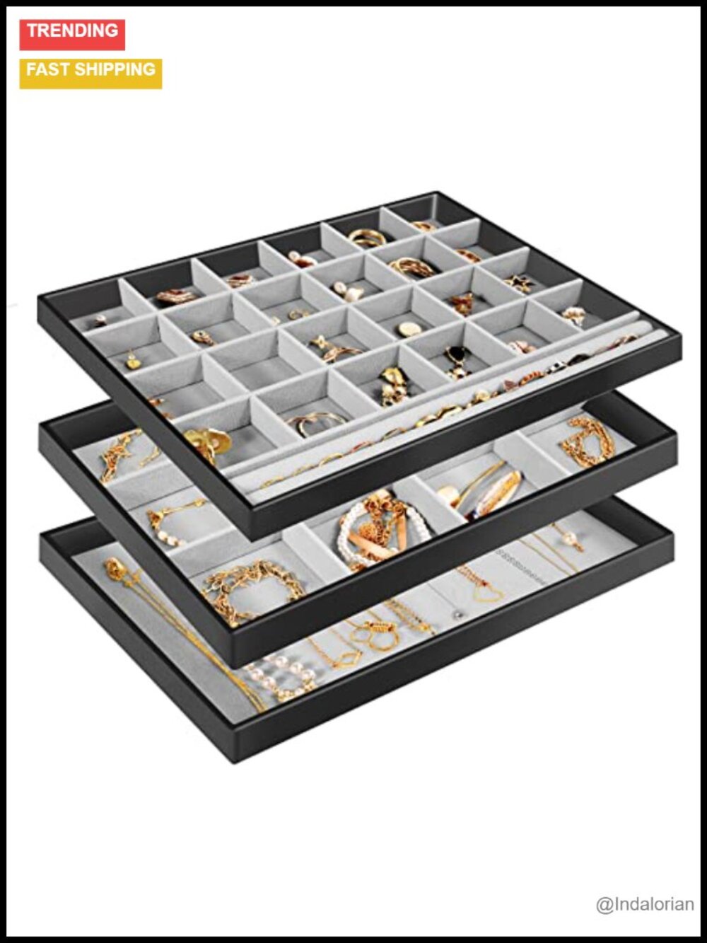 Stackable Velvet Jewelry Organizer Tray Set 3 Pack with Dividers